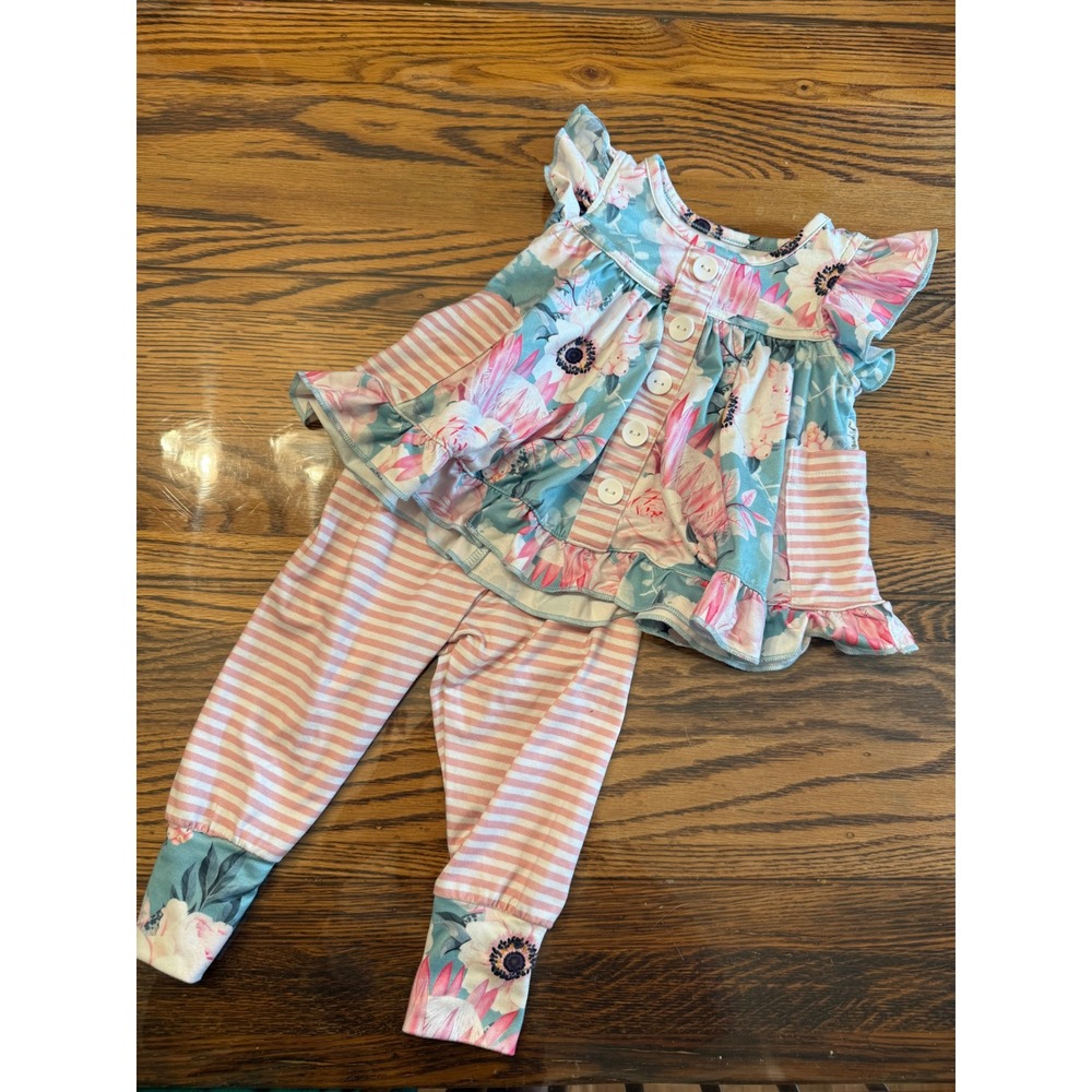 Gigi and Max Outfit Set Baby Girl 3M Blue Pink Floral Stripe Ruffle Flutter